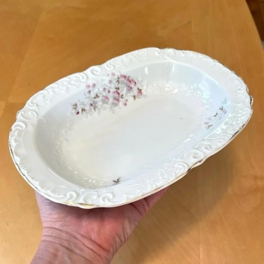 Vintage Victoria Austria Vegetable Side Dish White with Petite Pink Flowers